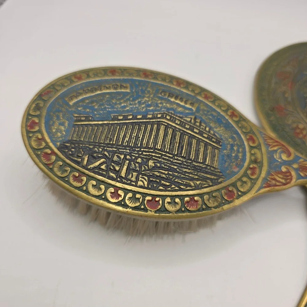Vintage Brass Parthenon Greece Hand Mirror and Hair Brush Vanity Set Ornate